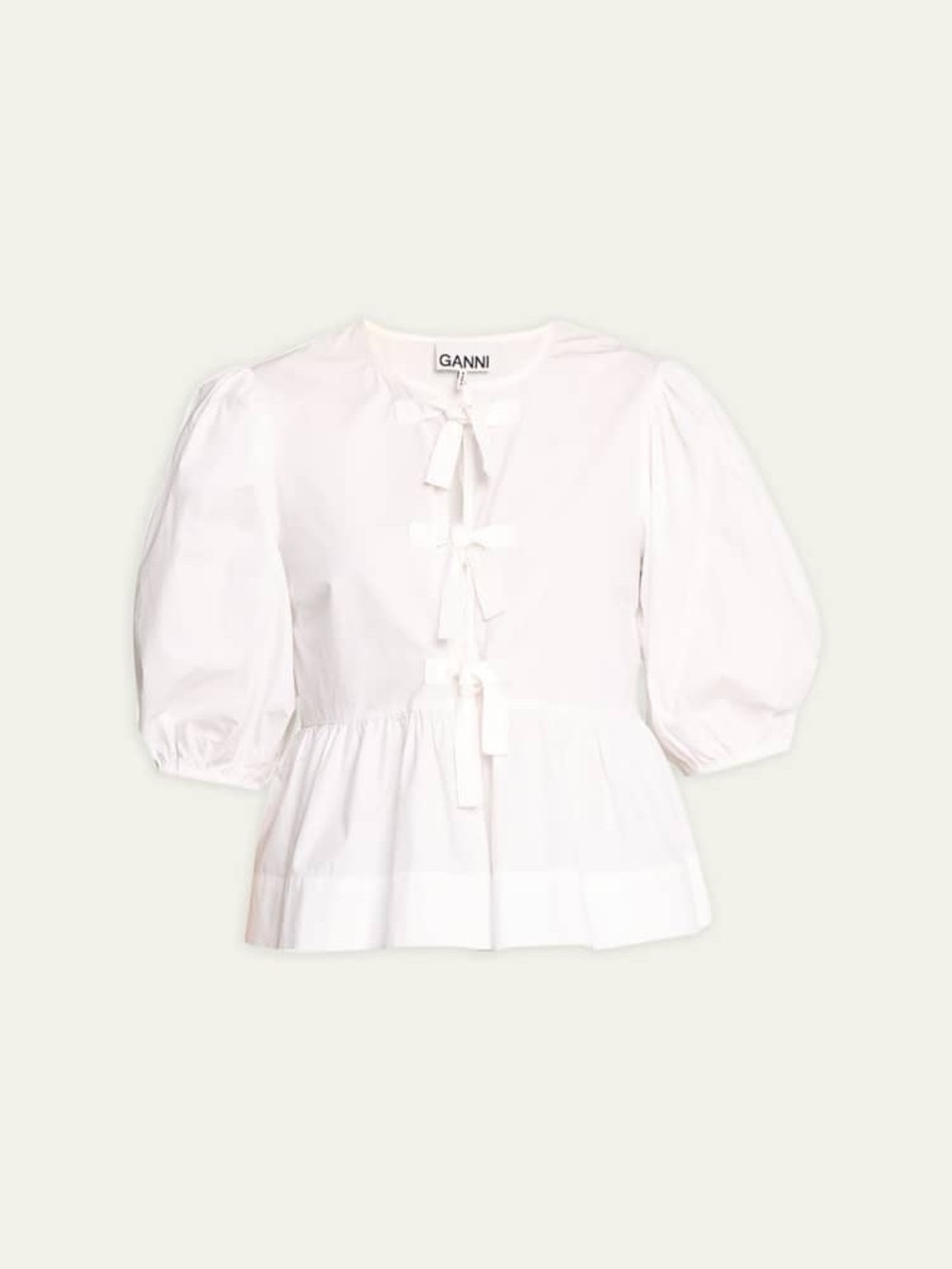 Ganni White Puff-Sleeve Tie-Front Peplum Blouse - Picture 2 of 3